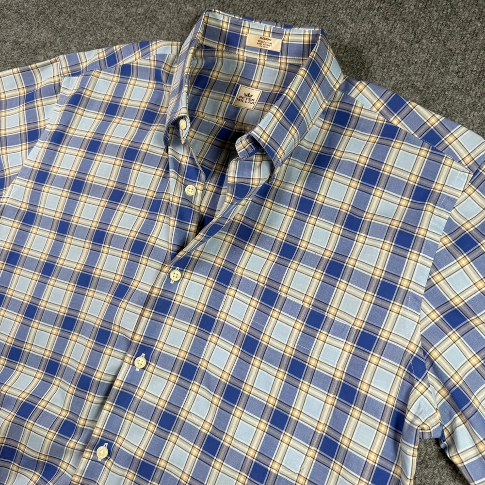 Peter Millar Plaid Button Down Shirt Mens Medium Blue Short Sleeve Cotton